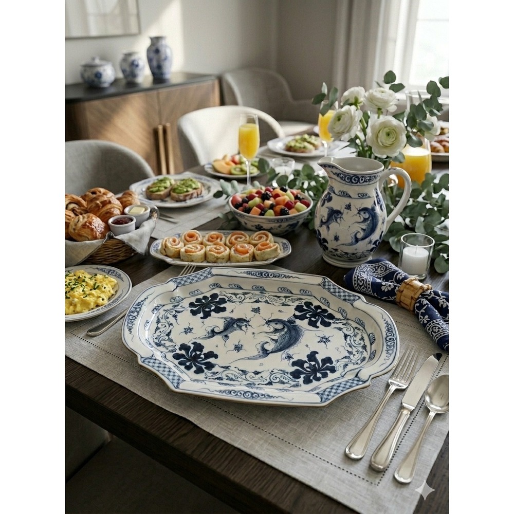 Lg Vintage Blue White Fish Platter 15.75" Coastal Chinoiserie Decor Cottagecore